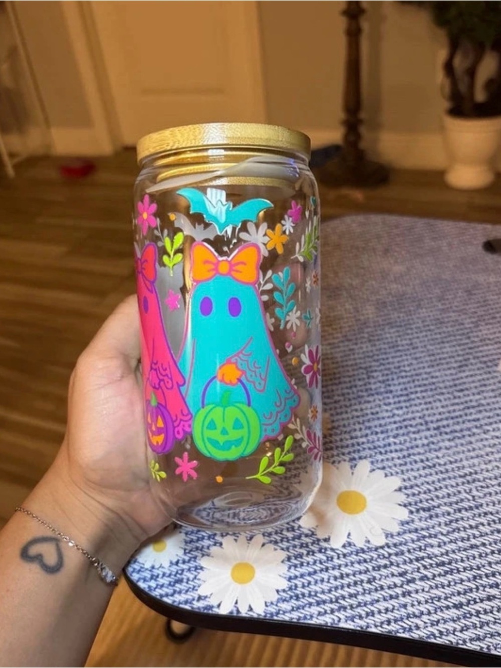 Festive Neon Halloween Ghost Glass Jar with Gold Lid